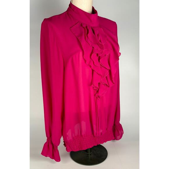 90s Frilly Ruffle Blouse Fuchsia Pink Top SIZE 16 Crepe Whimsicore Flowy Fairy - Picture 2 of 10